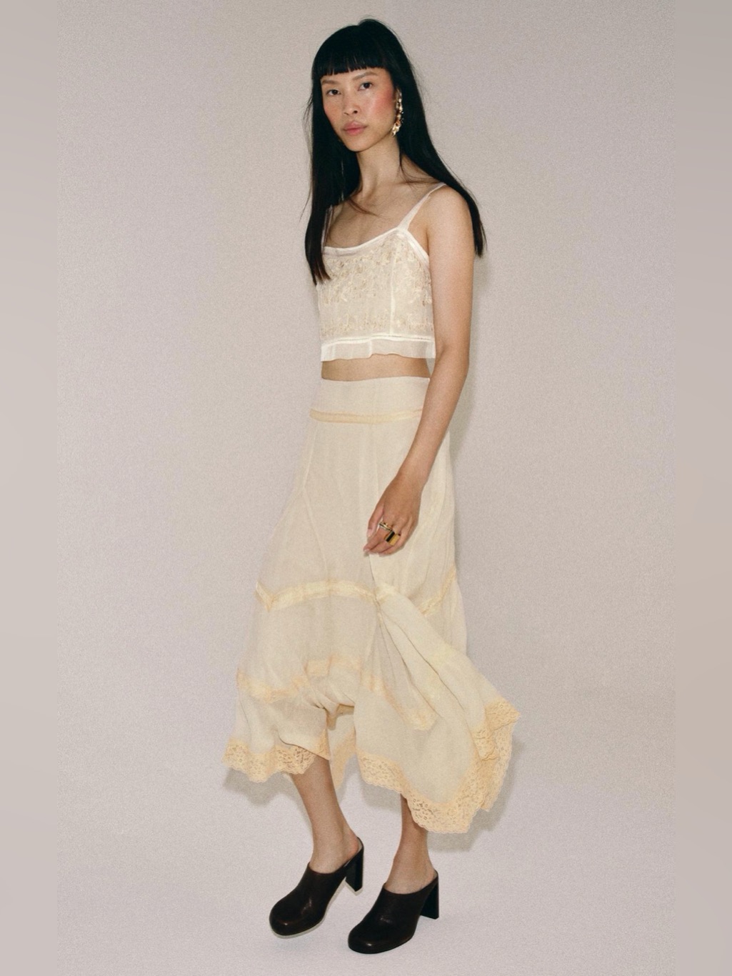 Nwt Zara Women’s 2 Piece Set Viscose Trim Midi Skirt & Lace Top Medium Ecru